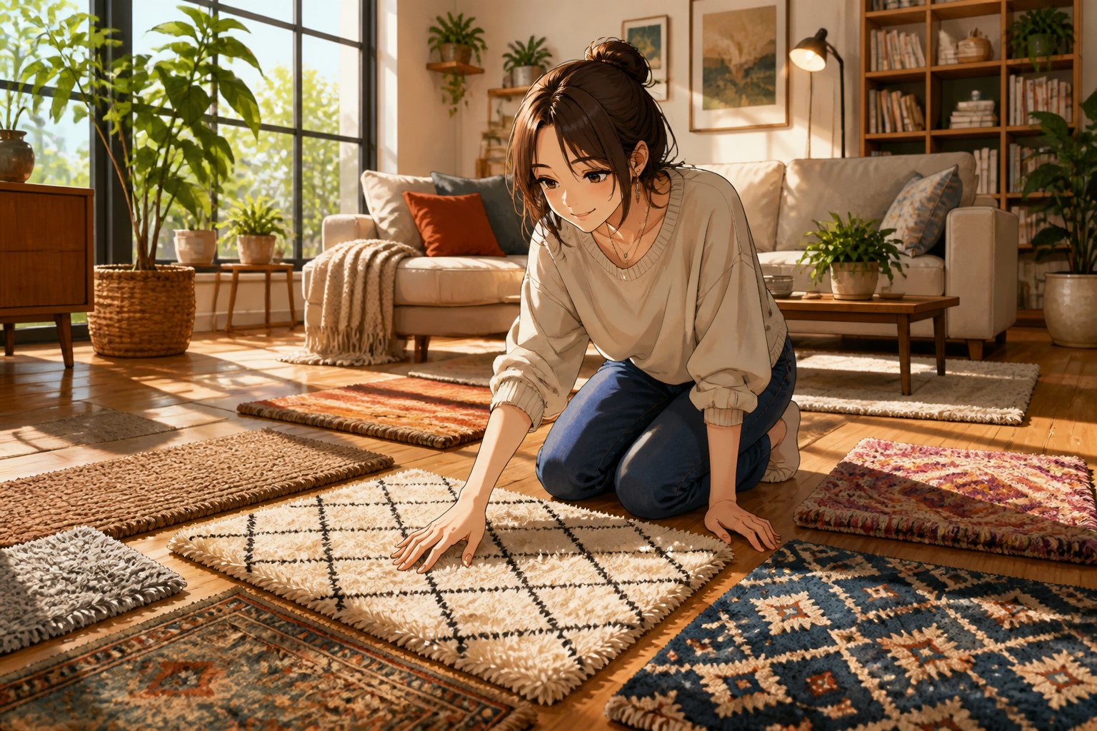 Une femme choisit un tapis dans un salon lumineux avec plusieurs tapis colorés étalés autour d'elle.